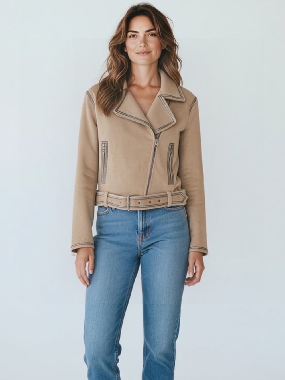 GORGEOUS! ZARA TAN/TAUPE FAUX SUEDE RHINESTONE TRIMMED MOTO JACKET SIZE XL